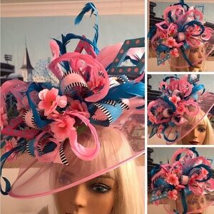 Pink and Blue Floral Feather Fascinator Hat for Women